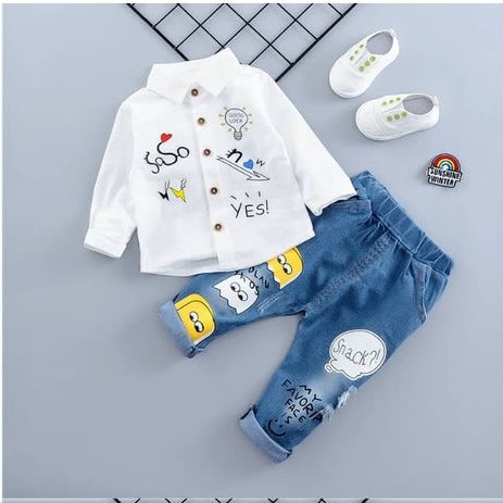 Boy's Long-sleeve Shirt With Jeans Trouser - White