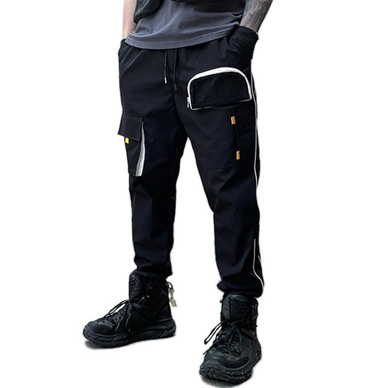 Tube pants with multiple pockets for men Torn tracksuit with hip hop punk ribbons Full length New
