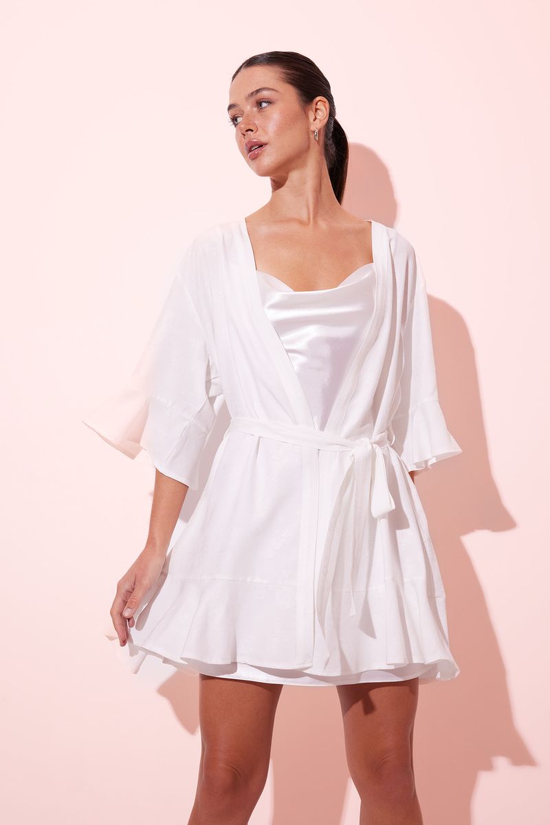Woman Casual Regular Fit 3/4 Sleeve Homewear Robe - White