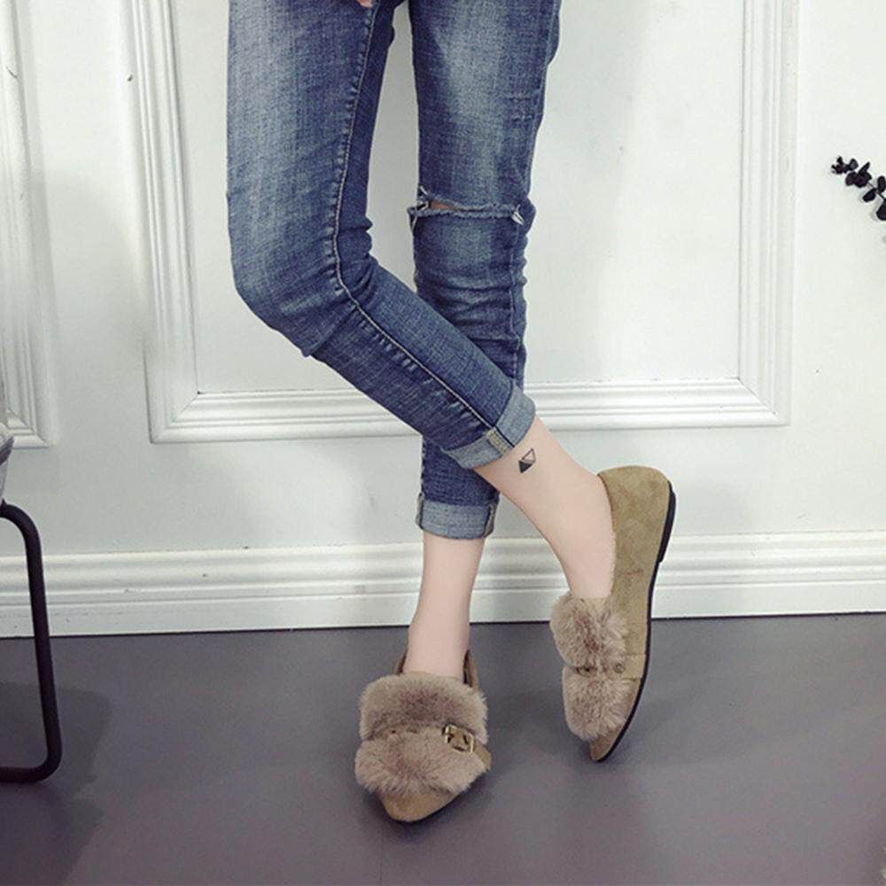 Plush Shoes Female New 2019 Korean Version Of The Wild Buckle With Pointed Flat And Velvet Rabbit Hair Shoes Khaki {40}