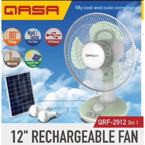 3-in-1 12 Inches Rechargeable Table Fan With Solar And Bulbs