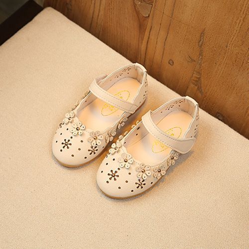 Girls Leather Shoes Summer Princess Velcro Hollow Children's Casual Shoes Beige