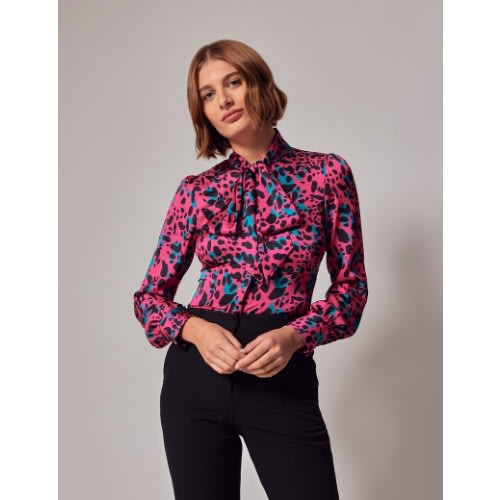 Women's Pink & Black Dual Spots Pussy Bow Blouse