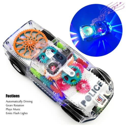 Light Up Baby Toddler Police Car - Electric Auto Driving Vehicle Toy - Transparent Gears - 1pc
