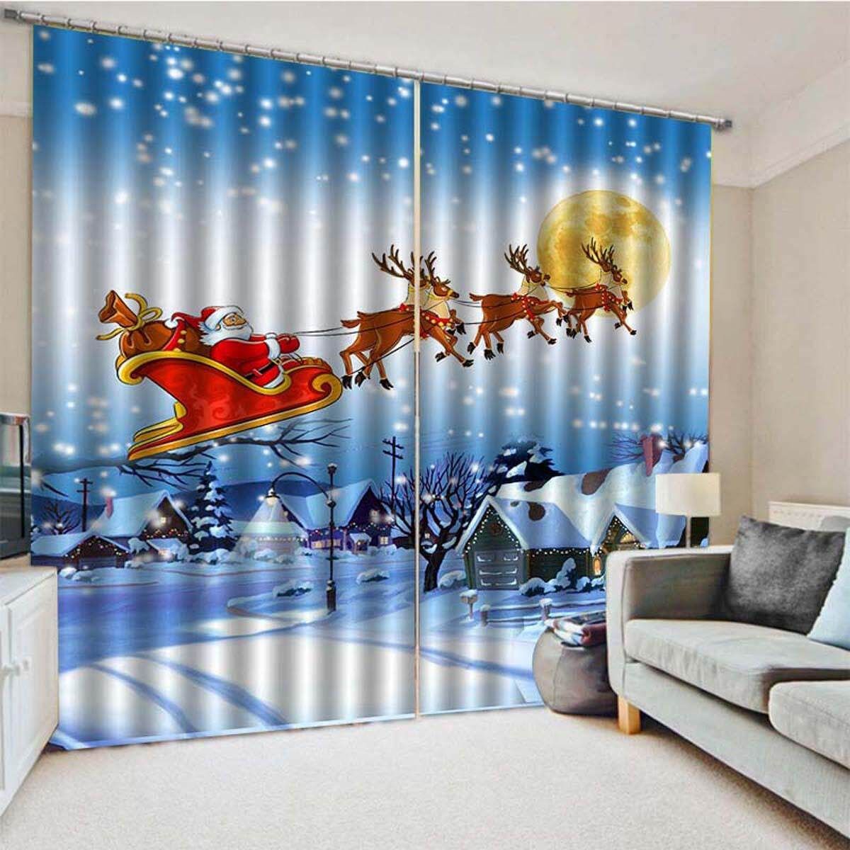 2Pcs 85X200CM Christmas Window Curtain Drape Xmas Decoration Bedroom Living Room Light Blue