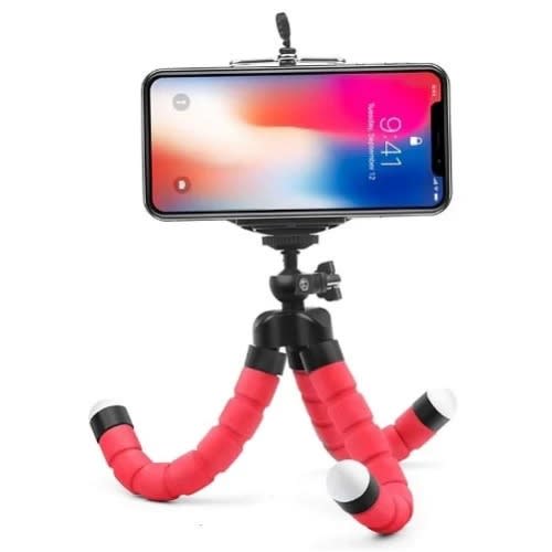 Flexible Sponge Octopus Tripod Stand With Phone Holder Clip & Bluetooth Remote Shutter - Red
