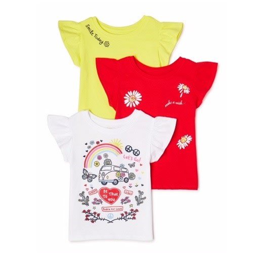 365 Kids Girls Graphic Ruffle T-Shirt 3 Packs- Red - Yellow & White
