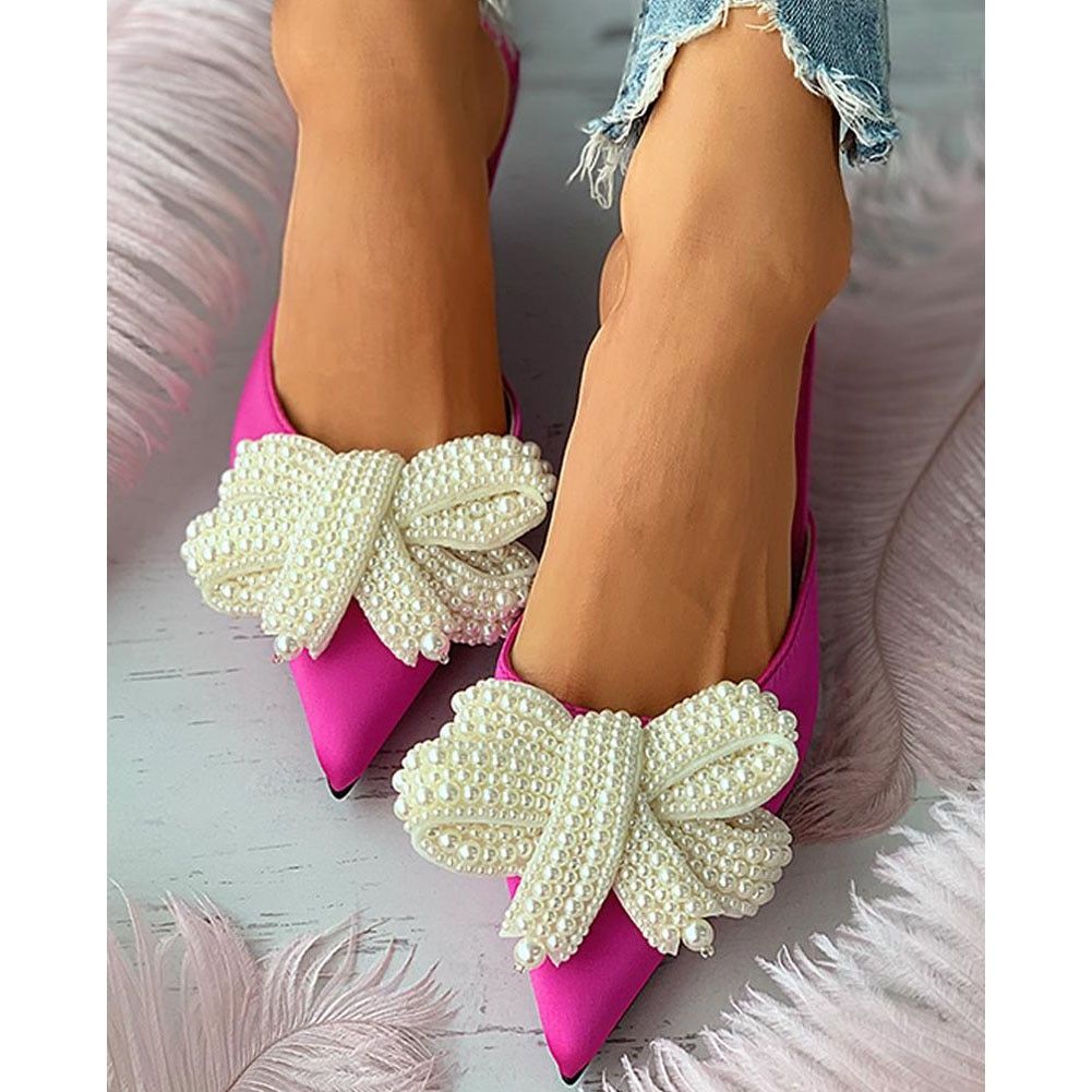 Karinluna 2022 New Fashionable Woman Mules Shoes Pearl Slip-on Low Heels Pointed Toe Ladies Pumps Fly-knot Woman Shoes