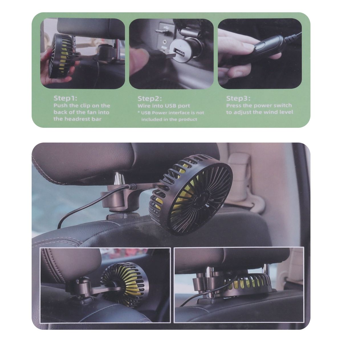 Car Cooling Fan, USB Backseat Auto Rear Seat Fan 3 Speed Veh