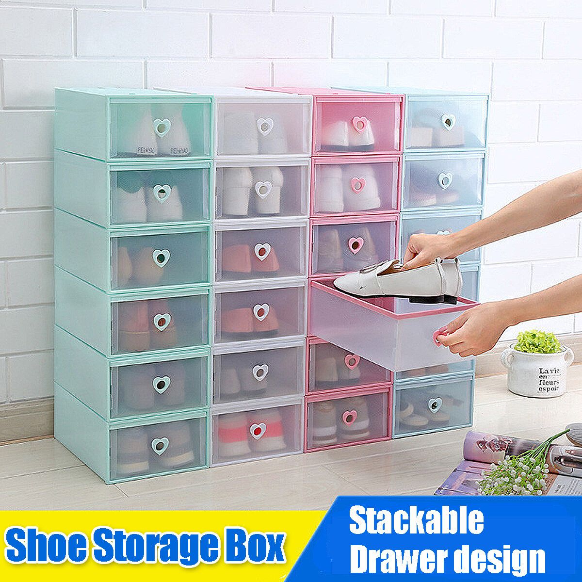 1pc Clear Plastic Shoe Storage Boxes Drawer Stackable Foldable Durable Shoe Organiser Pink