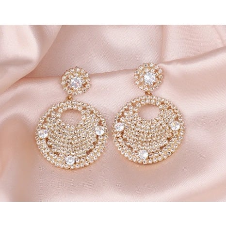 Diamante Round Drop Ear Ring- Gold