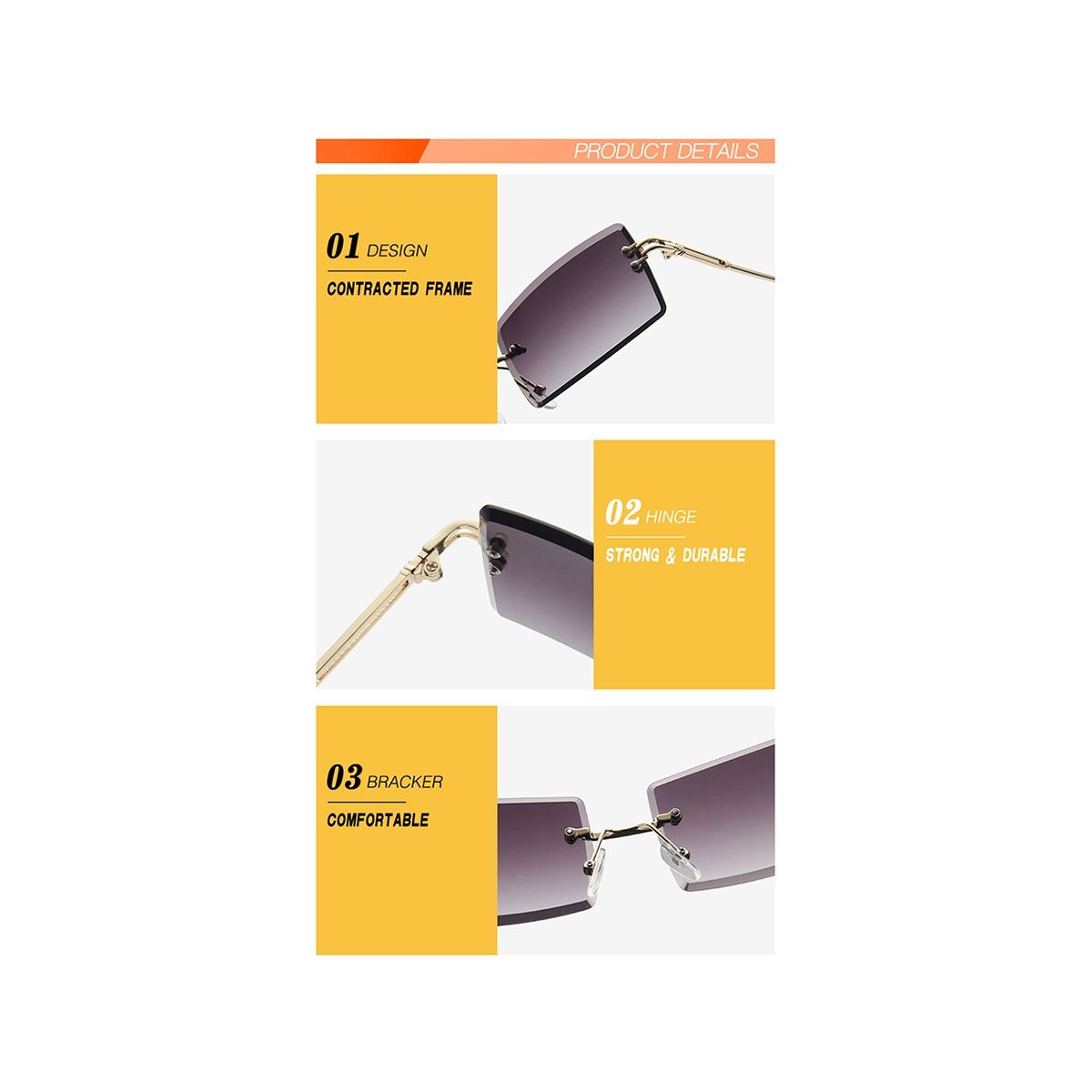 3Pairs of Rimless Rectangular Sunglasses Colored Fashion Retro Transparent Square Glasses Unisex Suitable for Daily Wear