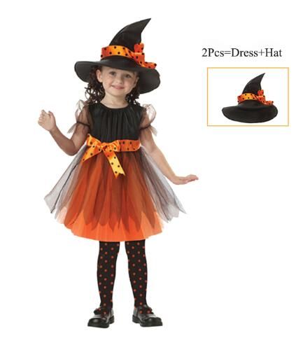Cute Children Halloween Orange Witch Costume For Girls