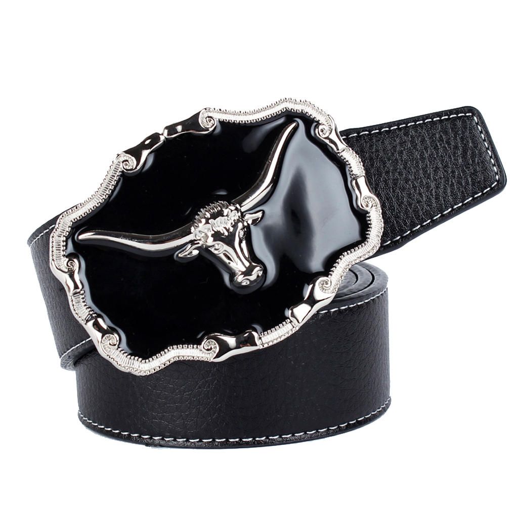 Western Cowboy Belt Buffalo Head Buckle  Leather Belt Black
