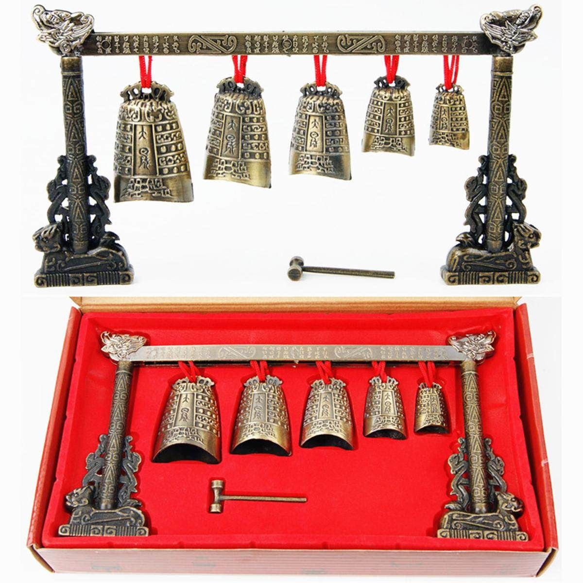 Chinese Musical Instrument Bronze Meditation Gong With 7 Ornate Bell Set