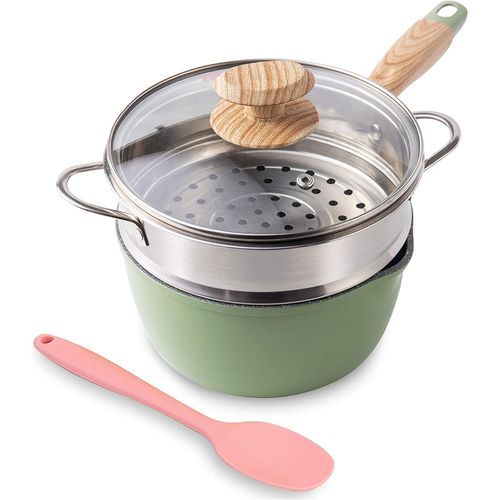 ROCKURWOK 2.5 Quart Green Nonstick Saucepan With Steamer