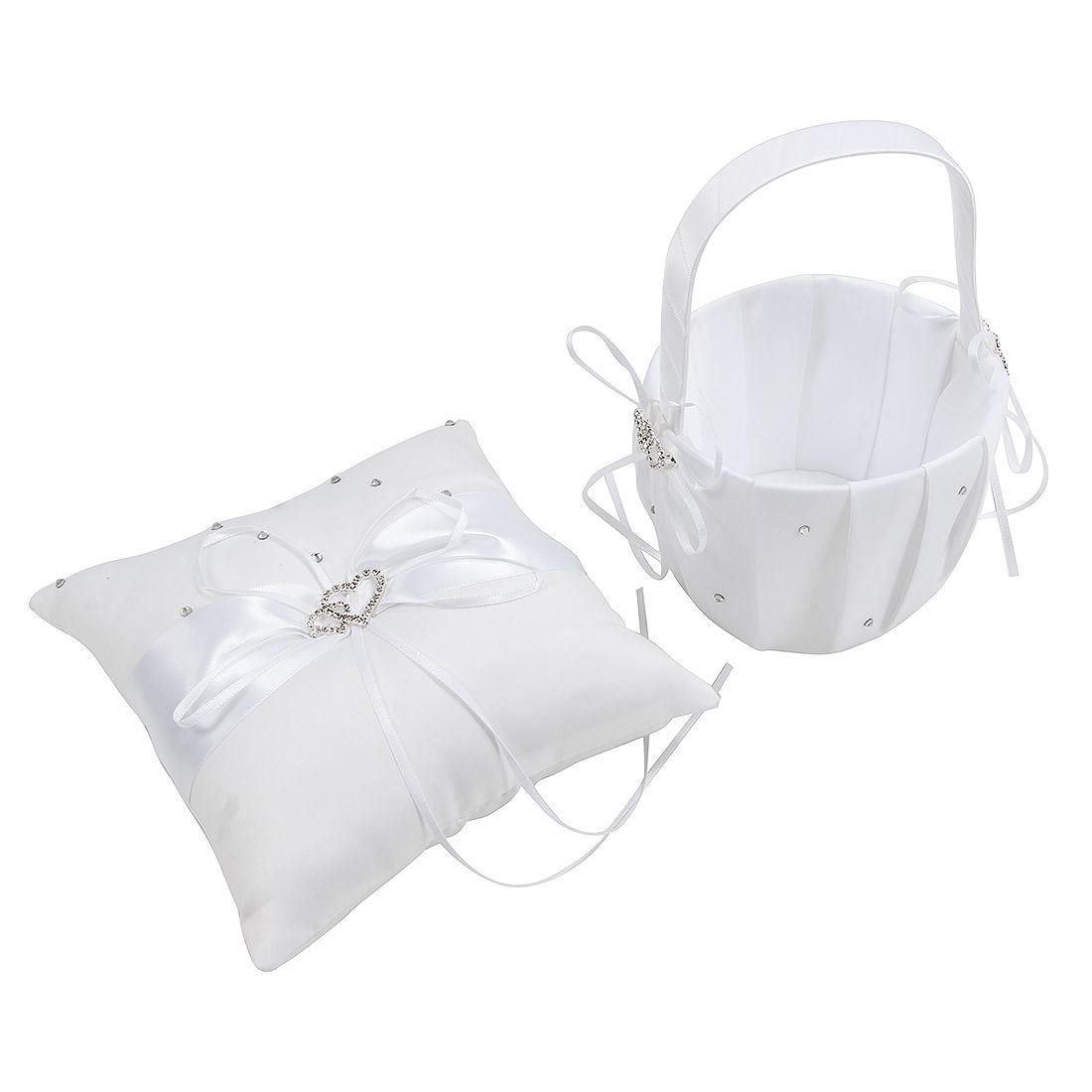 2 Heart Rhinestones Ivory Satin Flower Girl Basket and Ring Pillow Set bleach