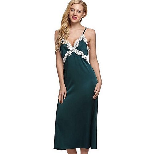 Ekouaer Women's Satin Lace Sleepwear Non-Cling Full Slip With Adjustable Straps ( Green )