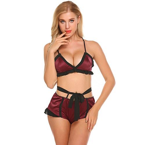 Women Sexy Lingerie Set Lace Patchwork Bra With Briefs Sleepwear Lingerie Set-Wine Red