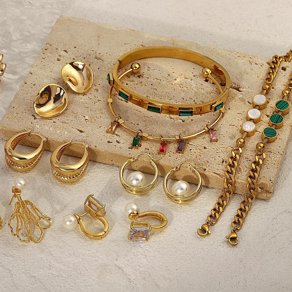 AENSOA Multiple Gold Color Pearl Zirocn Metal Alloy Hoop Earrings Vintage Geometric Round Waterdrop Dangle Earrings for Women