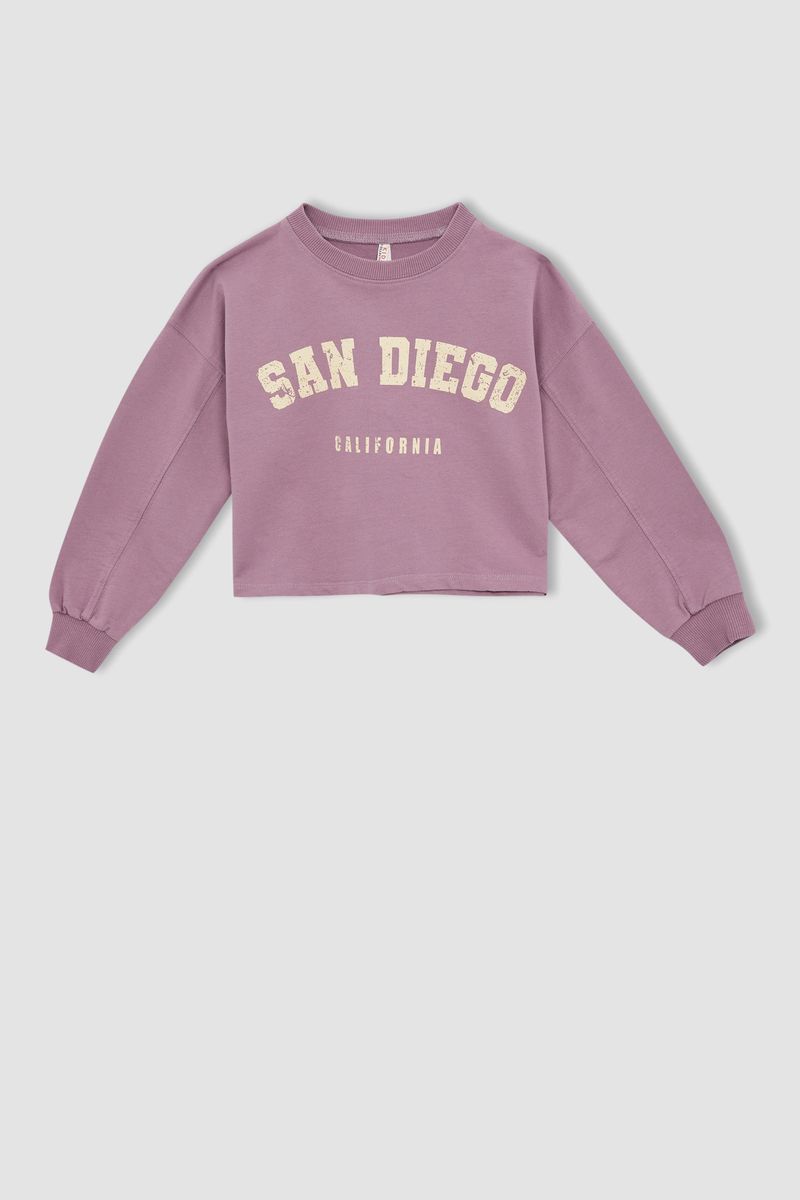 Girl - Cropped Fit Crew Neck Knitted Sweat Shirt -Purple