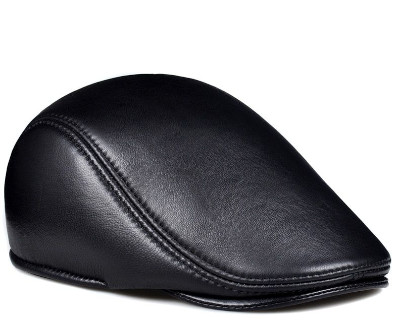 Spring Winter Uni Genuine Leather Beret Hats Men Women Black Peaked Cap Male