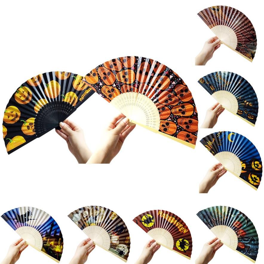 Skull Witch Style Spider Pumpkin Halloween Bamboo Fan Folding Hand Wooden Carved 2018 3sw0604