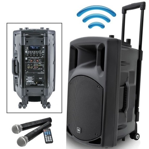 Rechargeable Bluetooth PA System + Wireless Microphone + Radio & SD/USB Slots -Black