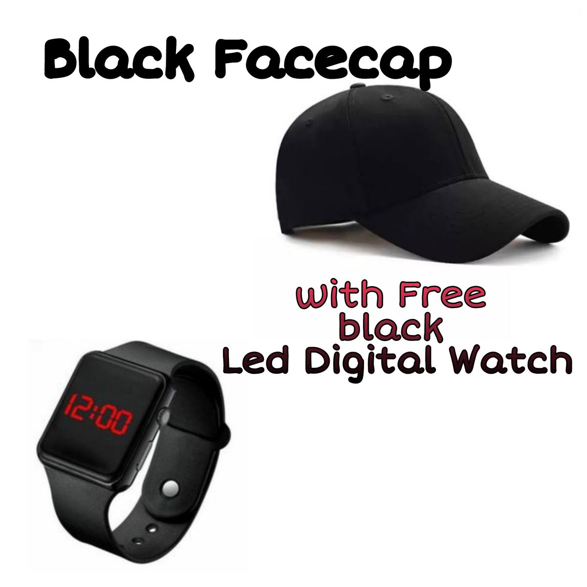 Black Baseball/Face Cap With Free Led Digital Watch