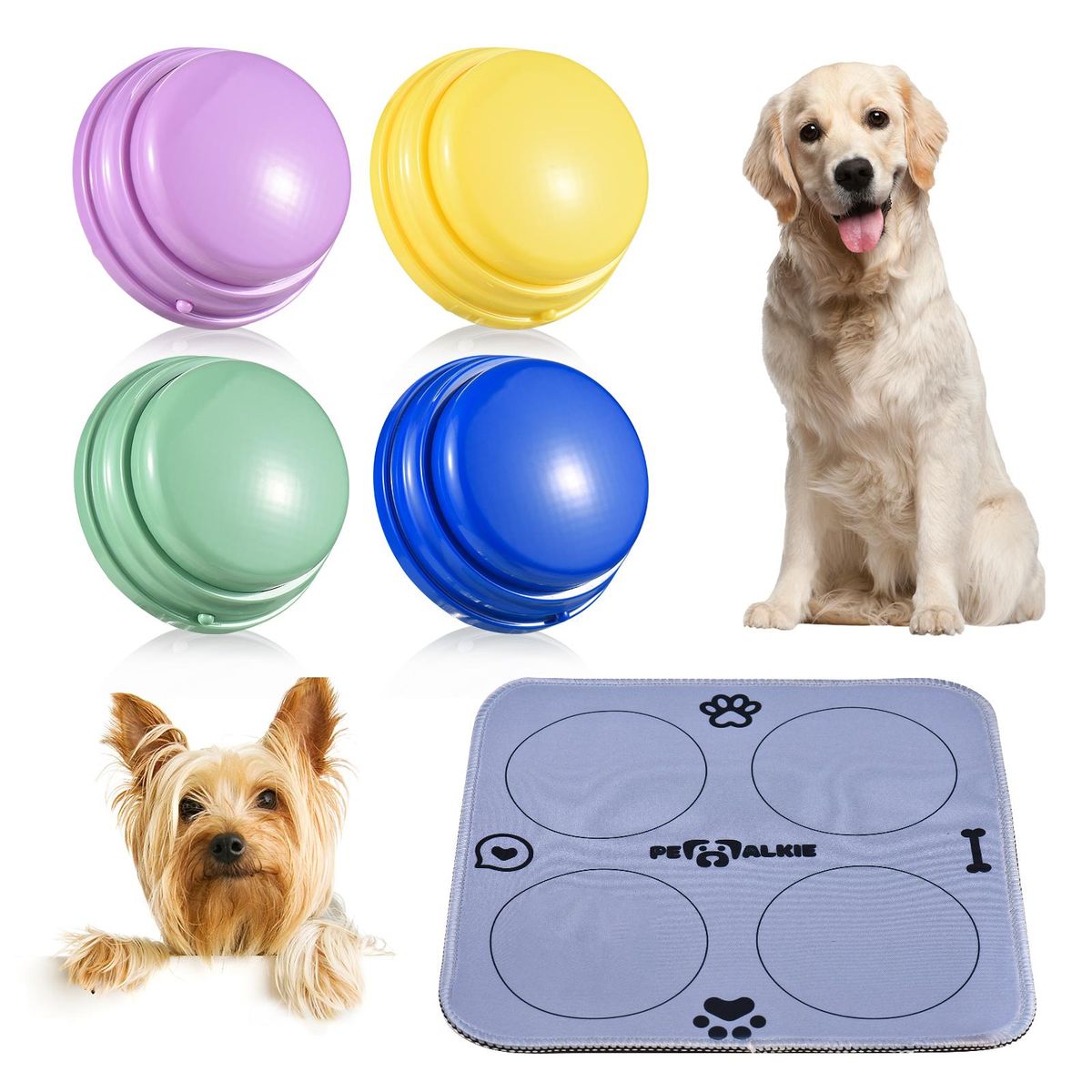 4pcs Colorful Large Voice Recording Buttons for Dog Training 30s Recording & Playback Dog Buttons for Communication Pet Training Buzzer Battery   Powered Recordable Sound Buttons with Mat