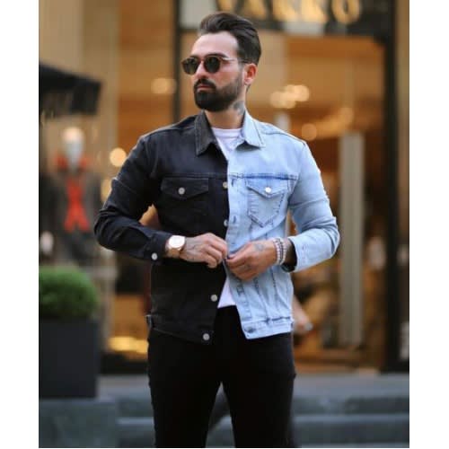 Jean Jacket - Half Black And Blue Denim Jean
