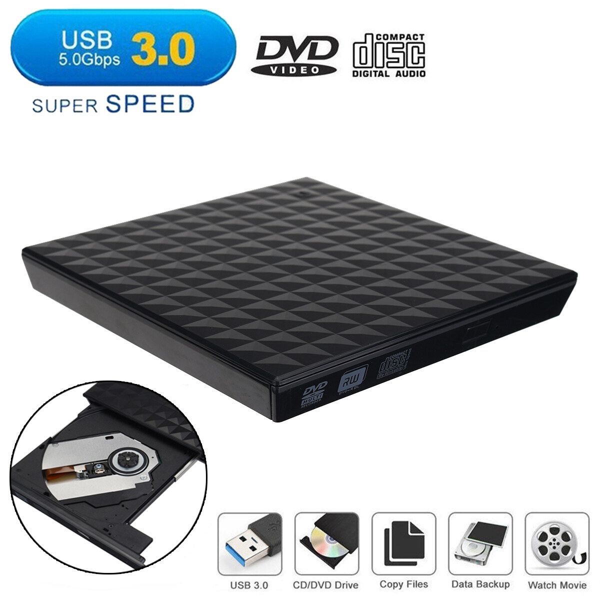 USB 3.0 High Speed Black External Combo Optical Drive CD/DVD Player CD/DVD RW ROM Drive For Laptop PC Computer