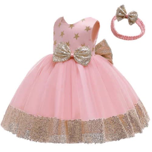 Baby Party Ball Dress With Head Band - Pink And Gold