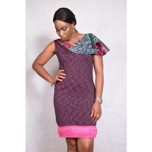 Ankara Cape Fitted Jersey Dress. Lg/f27.