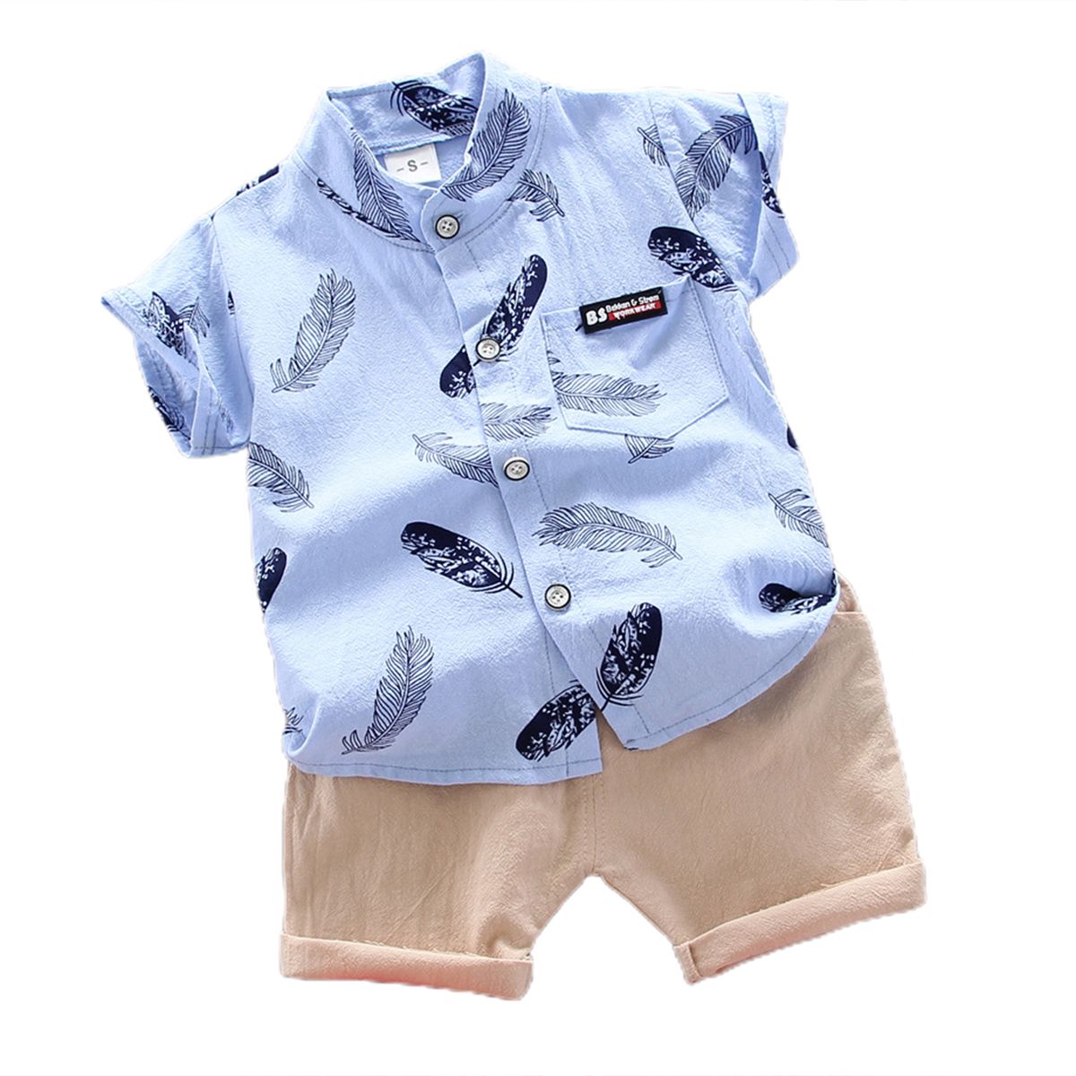 Boys Shorts Feather Print Sweat-absorbing Solid-Light Blue