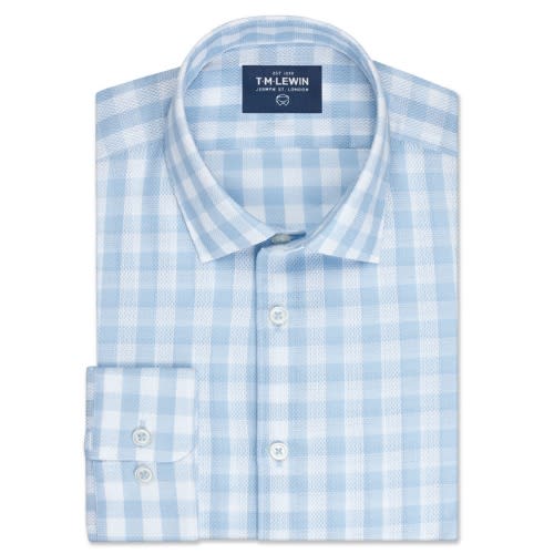 Leno Weave Slim Fit Blue Check Button Cuff Shirt