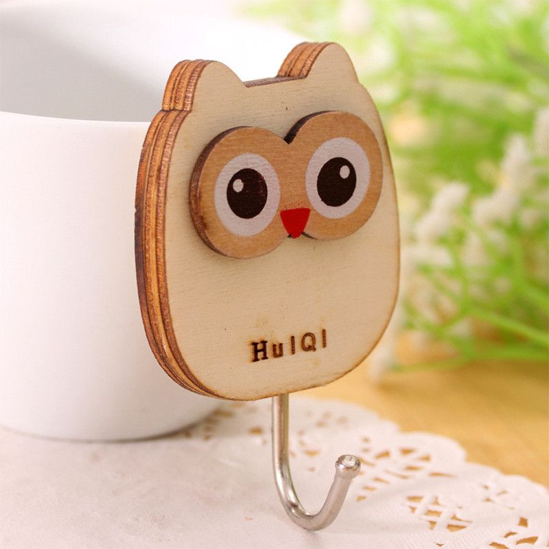New Creative Wooden Material Durable Glue Nail-free Wall Hooks Cute Cartoon Self-Adhesive Key Towel Clothes Sticky Hangers