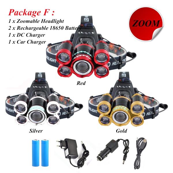 40000 Lums Ultra Bright LED Headlamp 5*T6 LED Headlight 4 Mode Zoom Head Lamp Rechargeable Forehead Light Use 2*18650 Battery FRASER