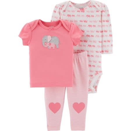 Baby Girls Elephant Heart Bodysuits And Matching Pant 3 Set-pink