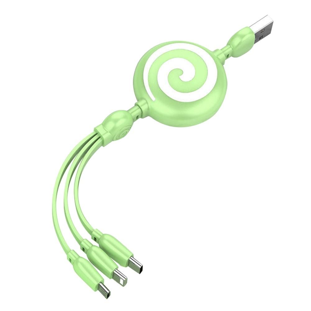 100cm 3 in 1 USB Charge Cable for iPhone 12 Mini USB Type C Cable Retractable Portable Charging Cable Green