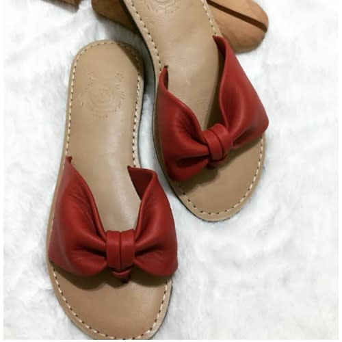 Flat Leather Slippers - Red