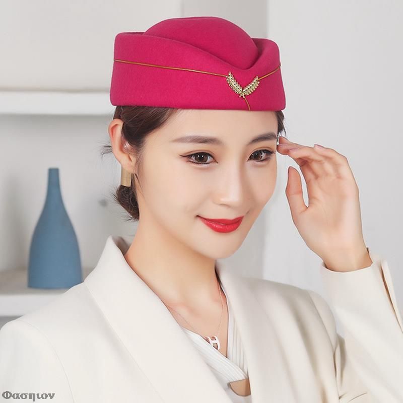 Airline Stewardess  Formal Uniform Hat Caps Roll Play Halloween Party Cosplay Cap Wool Felt Air Hostesses Beret Hat Base Cap