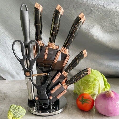 9pcs Marble Design Knife Set With Stand - Black