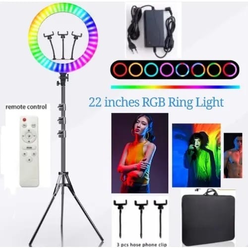 Led Multicolored Rainbow Ring Light With Tripod Stand  Remote -22 Inch