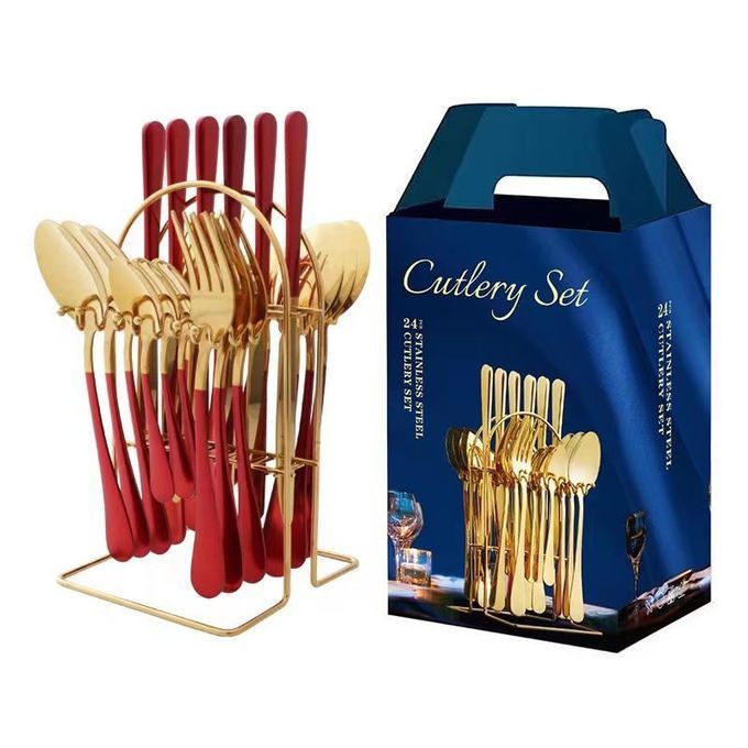 Original 24Pcs Gold Plated Steel Spoon & Fork Set - Cutlery