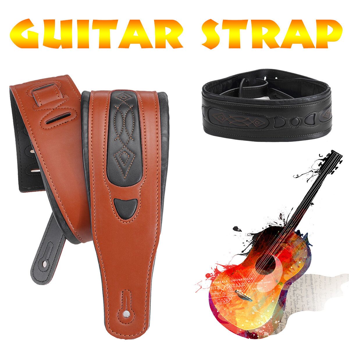 Long Leather Guitar Strap Acoustic Electric Guitar Bass Adjustable Thick Padded Brown