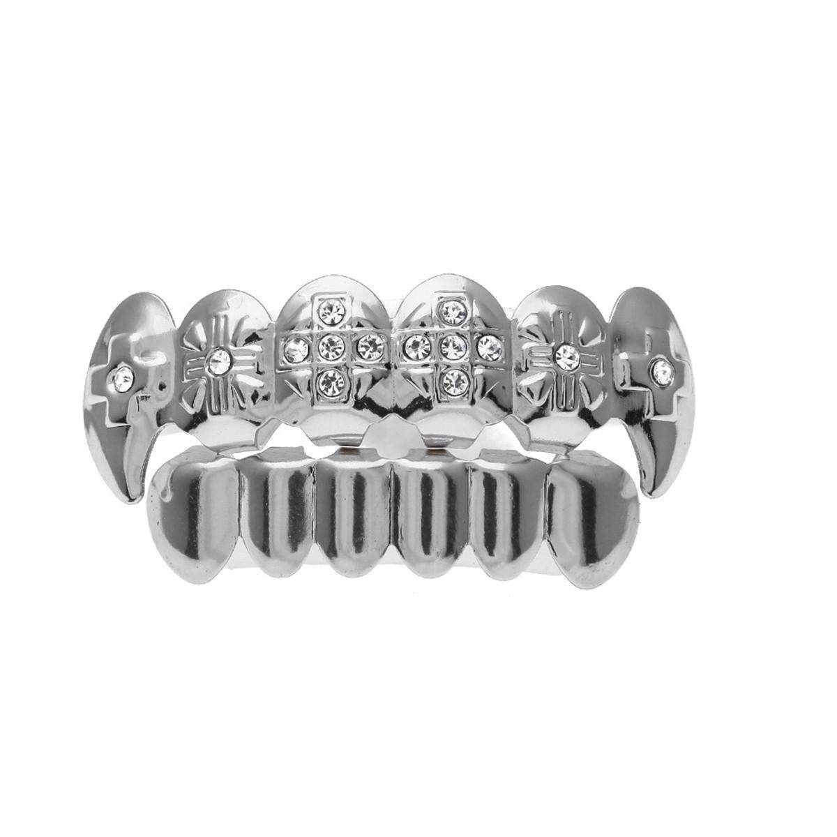 Gold Silver Rhinesto Plated Hip Hop Teeth Grillz Top Bottom Grill Teeth Grills # Semi-Diamond Silver Set Silver Suit (half Diamond)