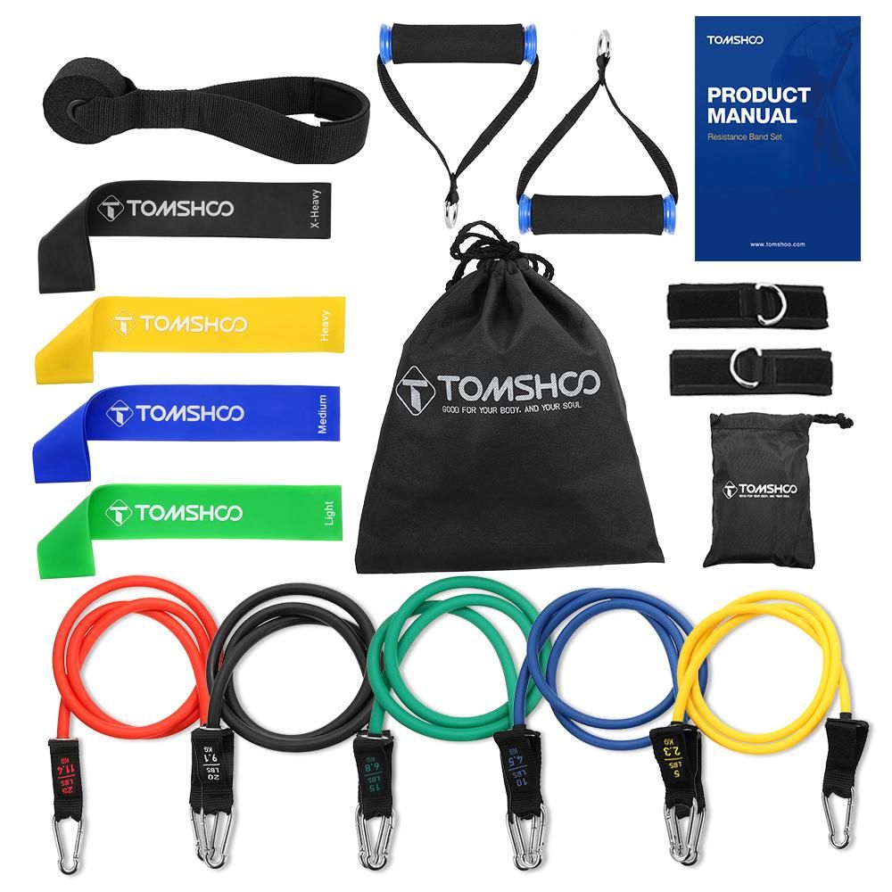 TOMSHOO 17Pcs Resistance Bands Set Workout Fintess Exercise Rehab Bands Loop Bands Tube Bands Door Anchor Ankle Straps Cushioned Handles with Carry Bags for Home Gym Travel