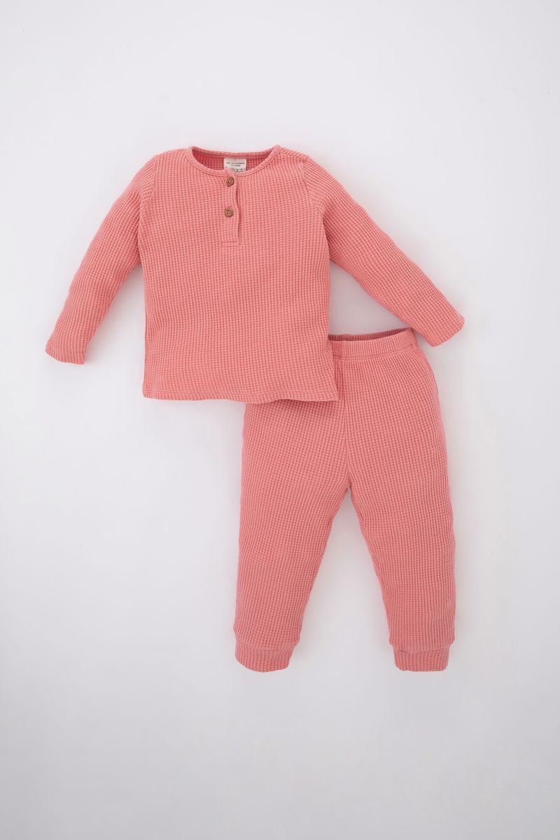 2 Piece BabyGirl Casual Regular Fit Long Sleeve Button Neck Homewear Pyjamas - Bordeaux