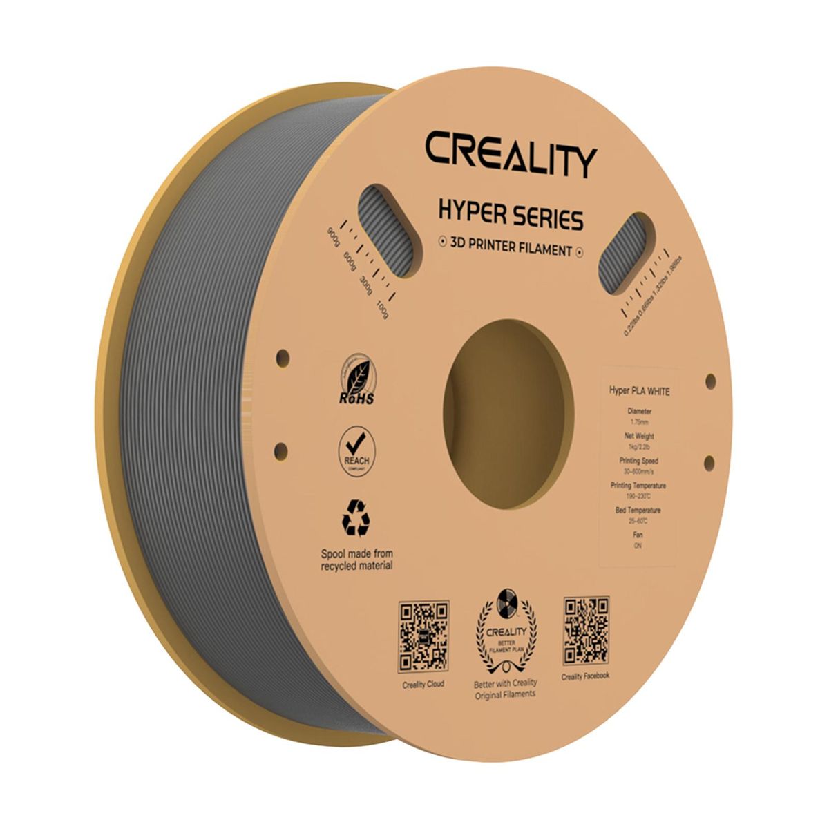 Creality Hyper PLA  Filament 1.75mm High Fluidity High Speed 3D Printing Material Stable Extrusion Spool Dimensional 1KG(2.2lb) Accuracy +/-0.03mm Standard 1 Roll - Grey